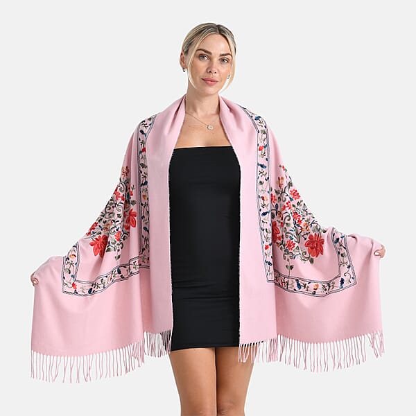 Shop Lc TAMSY Light Pink Floral Soft Woven Embroidered Scarf With Tassels – One Size