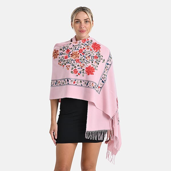 Shop Lc TAMSY Light Pink Floral Soft Woven Embroidered Scarf With Tassels – One Size