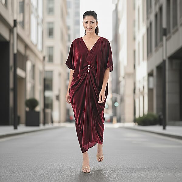 Shop Lc TAMSY Merlot Stretch Velvet Drape Kaftan Dress With Front Button Detail- One Size Fits Most