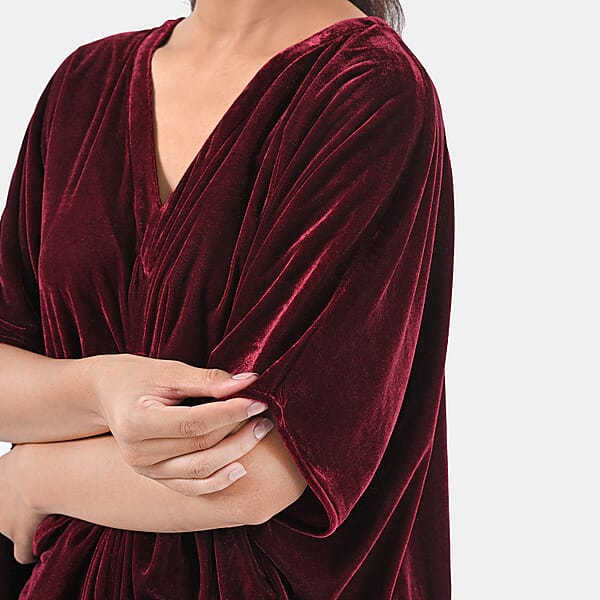 Shop Lc TAMSY Merlot Stretch Velvet Drape Kaftan Dress With Front Button Detail- One Size Fits Most