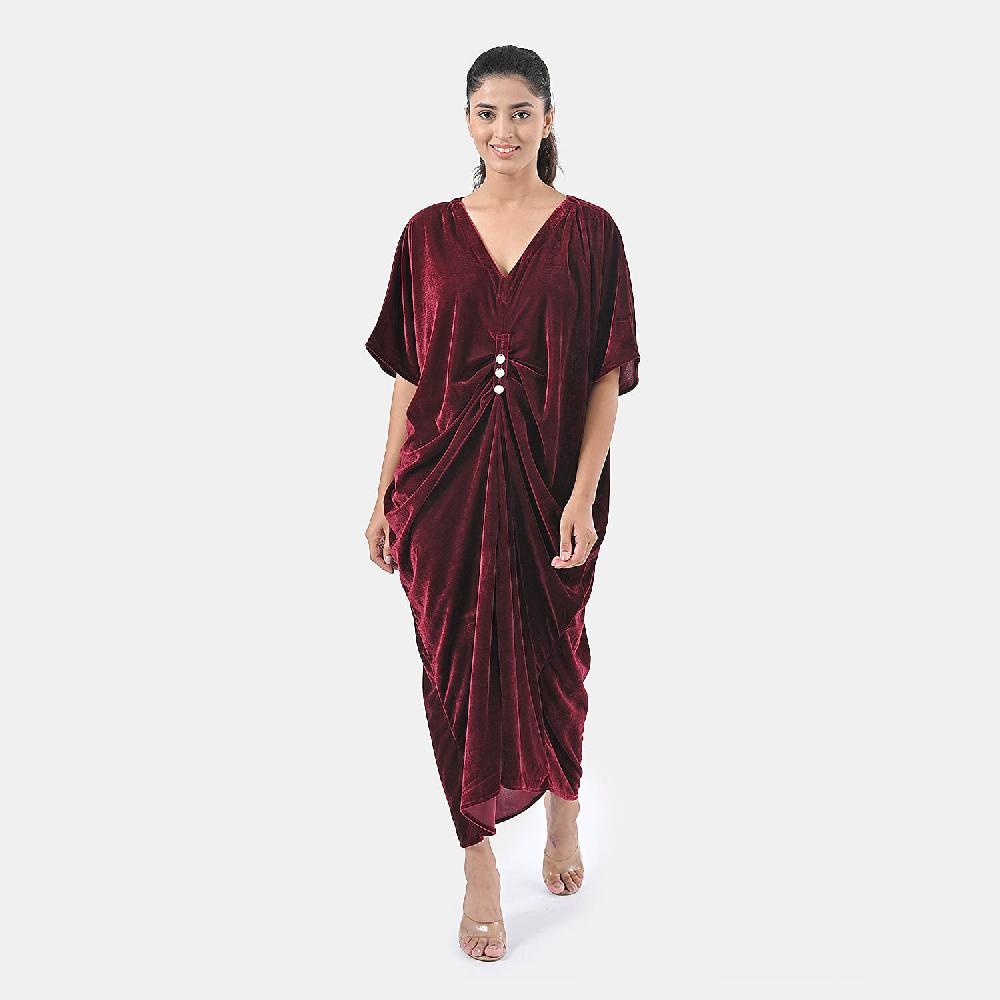 shop lc TAMSY Merlot Stretch Velvet Drape Kaftan Dress with Front Button Detail- One Size Fits Most