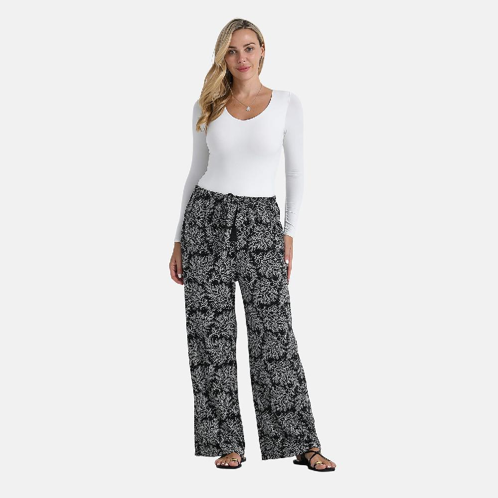 shop lc TAMSY Metallic Silver Leaf Print Pant with Fabric Waist Belt – One Size Fits Most