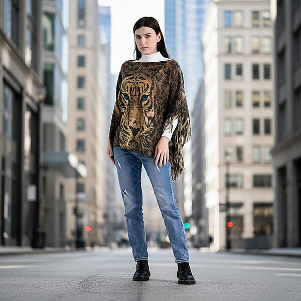 Shop Lc TAMSY Metallic Tiger Poncho With Fringe - One Size Fits Most