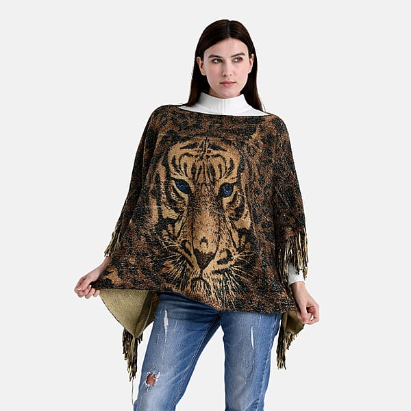 Shop Lc TAMSY Metallic Tiger Poncho With Fringe - One Size Fits Most