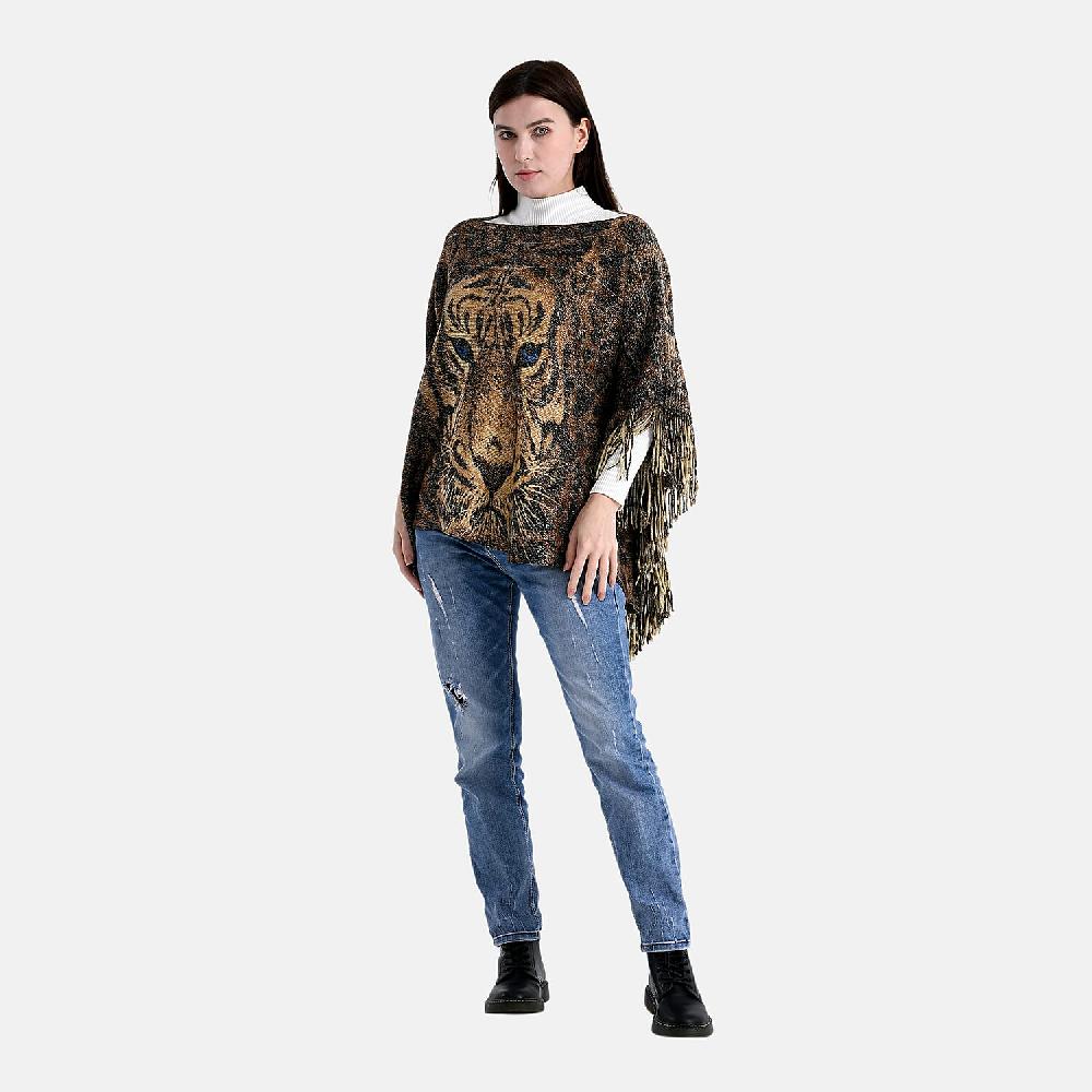 shop lc TAMSY Metallic Tiger Poncho with Fringe - One Size Fits Most