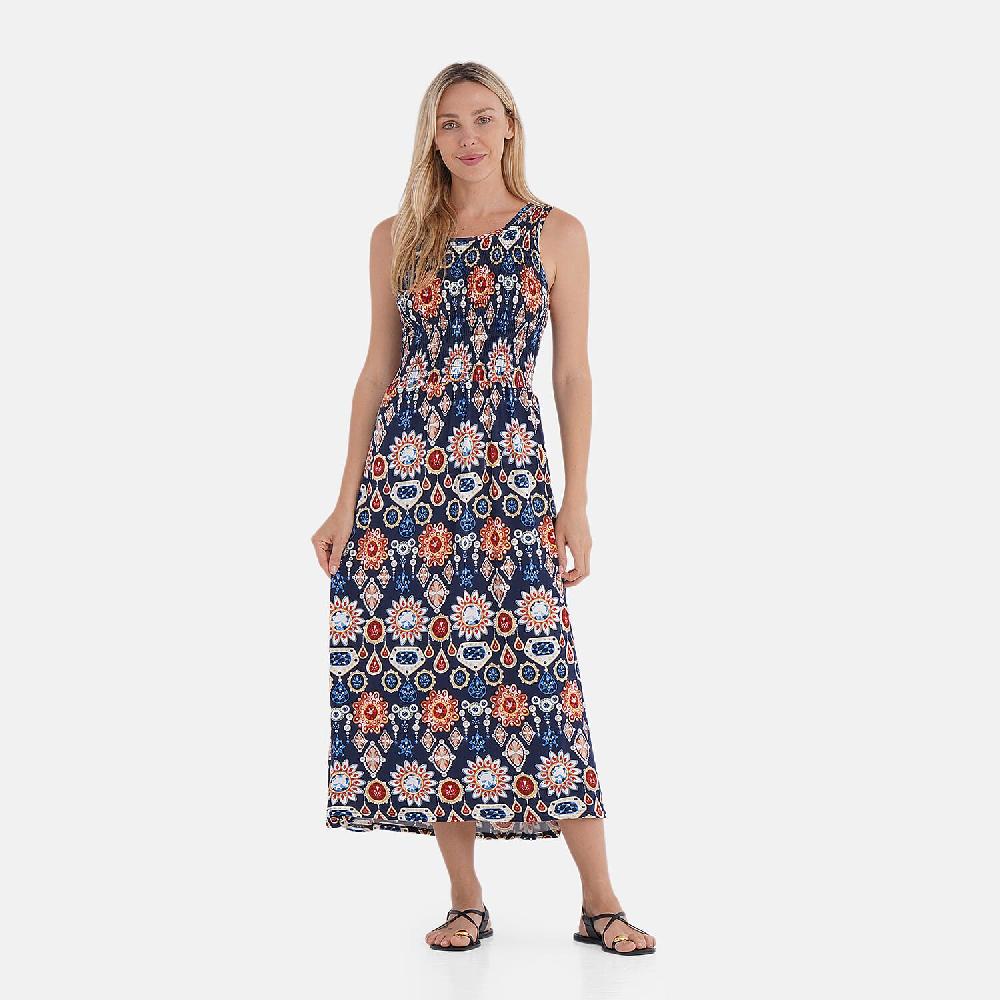 shop lc TAMSY Multi Gemstone Smocked Sleeveless Double Knit Dress with Waist Tie - One Size Fits Most