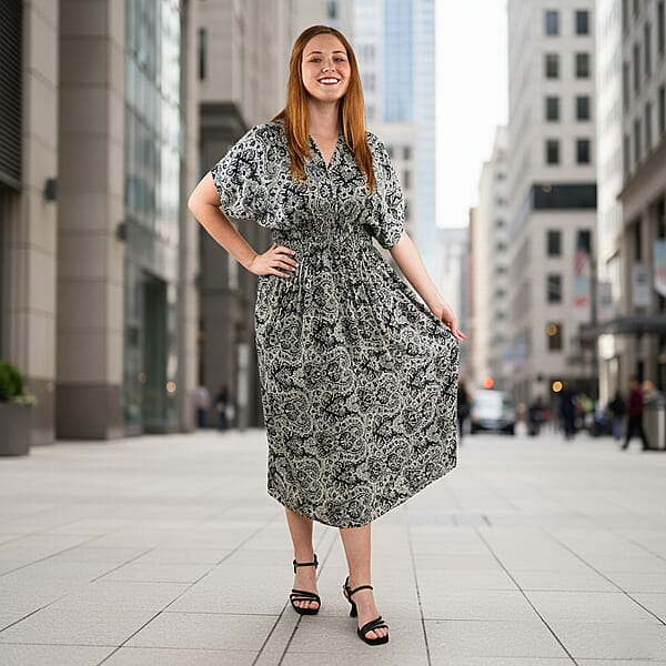 Shop Lc TAMSY Navy Bandana Smocked Waist Kaftan Sleeve Midi Dress - One Size Fits Most