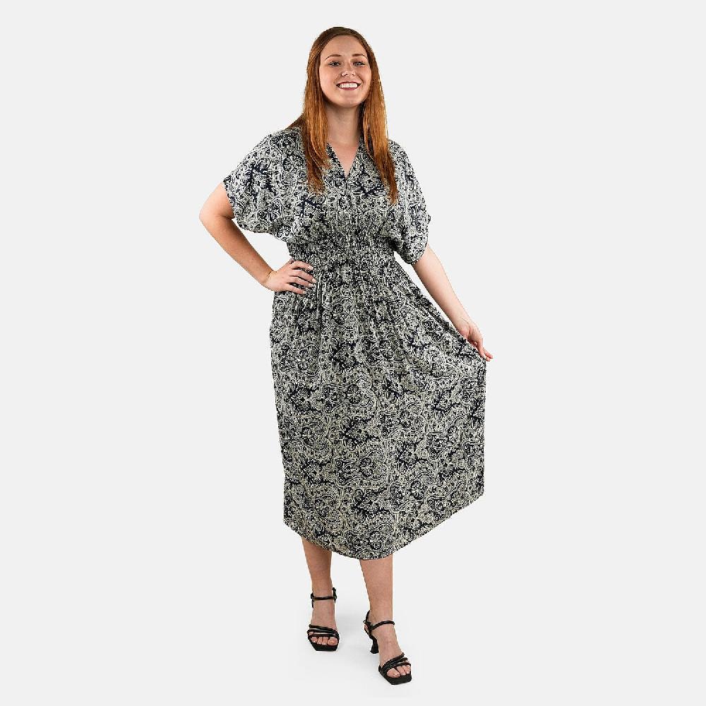 shop lc TAMSY Navy Bandana Smocked Waist Kaftan Sleeve Midi Dress - One Size Fits Most