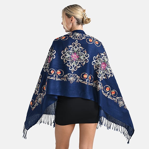 Shop Lc TAMSY Navy Baroque Embroidered Scarf With Tassels