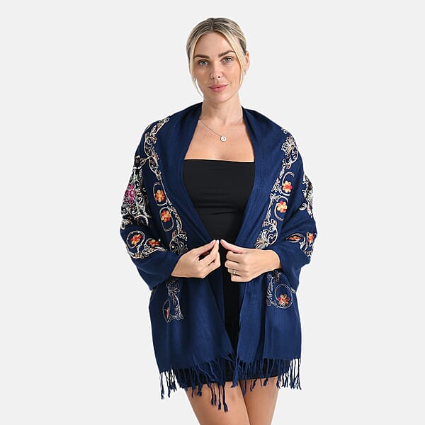 Shop Lc TAMSY Navy Baroque Embroidered Scarf With Tassels
