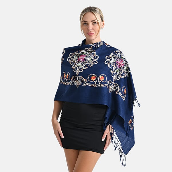 Shop Lc TAMSY Navy Baroque Embroidered Scarf With Tassels