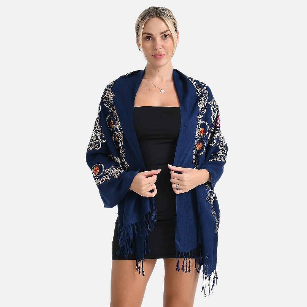 shop lc TAMSY Navy Baroque Embroidered Scarf with Tassels