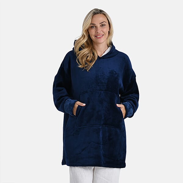 Shop Lc Tamsy Navy Fleece Hoodie Sweater Blanket With Kangaroo Pocket - One Size Fits Most
