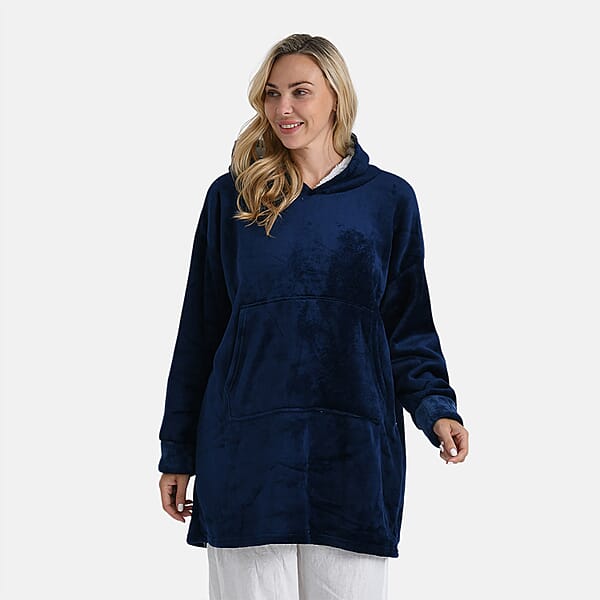 Shop Lc Tamsy Navy Fleece Hoodie Sweater Blanket With Kangaroo Pocket - One Size Fits Most