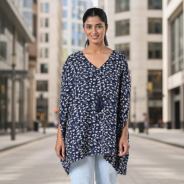 Shop Lc TAMSY Navy Floral Short Kaftan With Drawstring Waist Tie - One Size Fits Most