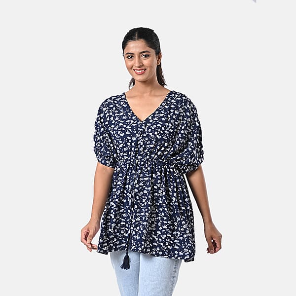 Shop Lc TAMSY Navy Floral Short Kaftan With Drawstring Waist Tie - One Size Fits Most