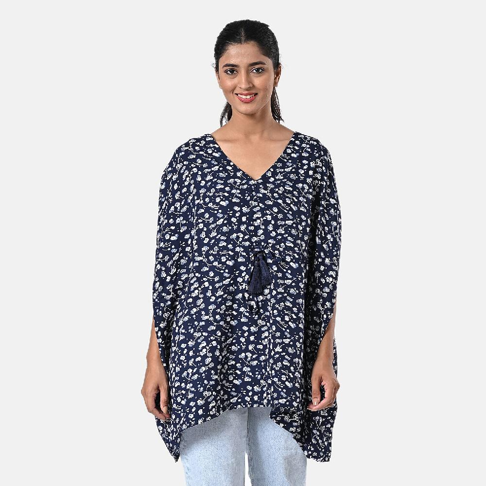 shop lc TAMSY Navy Floral Short Kaftan with Drawstring Waist Tie - One Size Fits Most