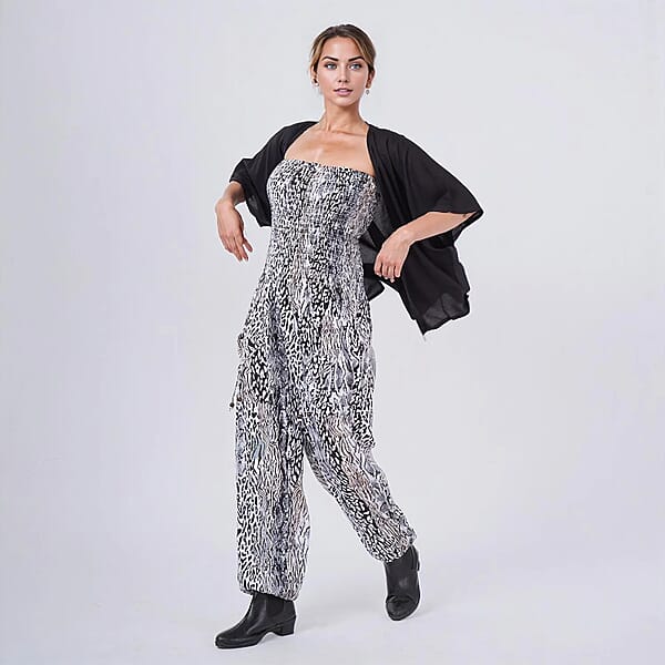 Shop Lc Tamsy Neutral Animal Smocked Jumpsuit With Black Kimono Set - One Size Fits Most