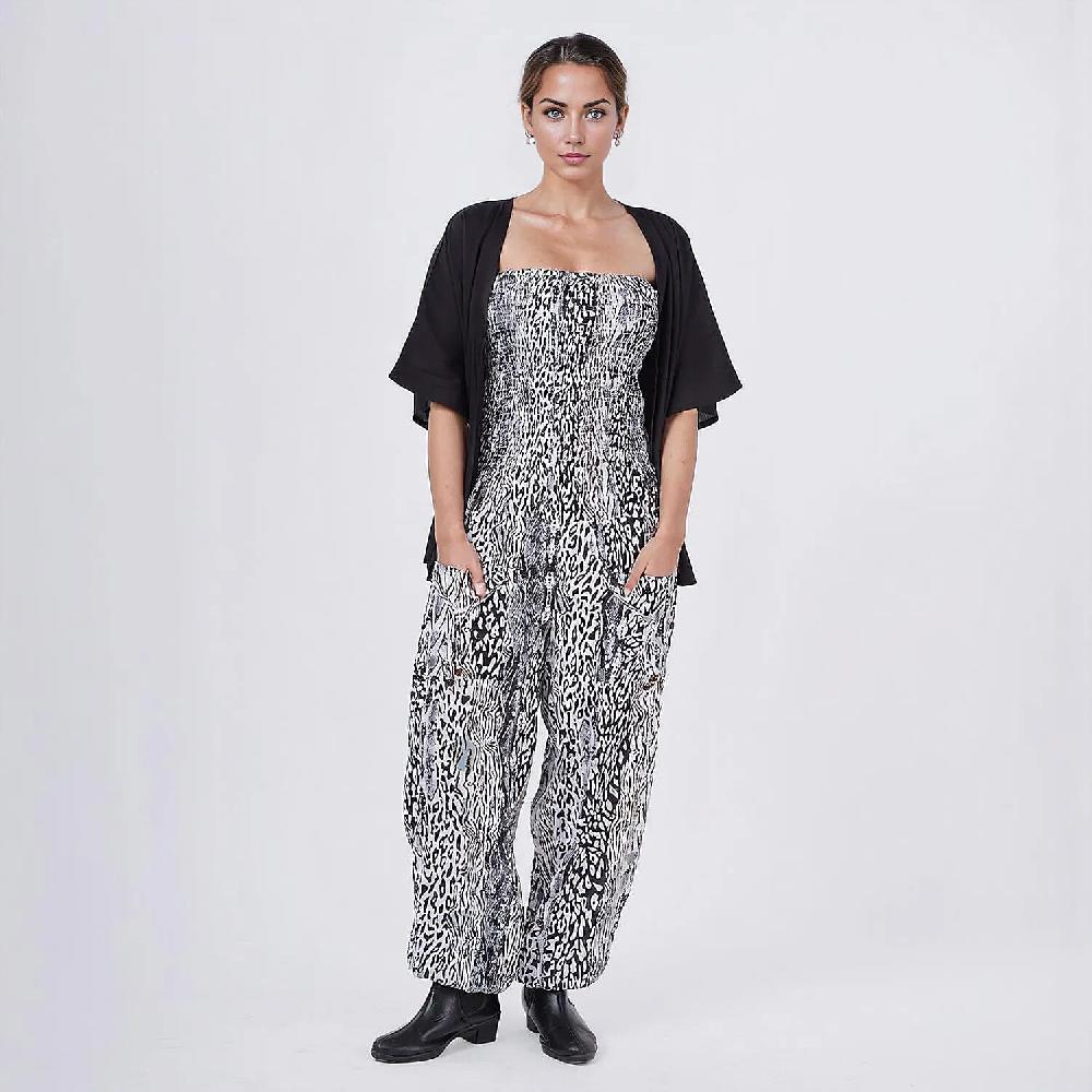 shop lc Tamsy Neutral Animal Smocked Jumpsuit with Black Kimono Set - One Size Fits Most