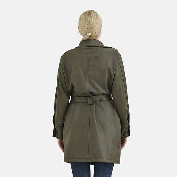 Shop Lc Tamsy Olive Double-Breasted Faux Suede Trench Coat With Belt - M