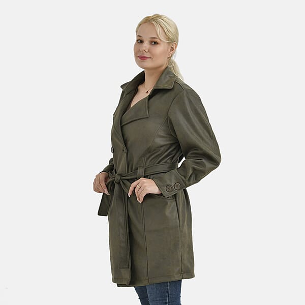 Shop Lc Tamsy Olive Double-Breasted Faux Suede Trench Coat With Belt - M