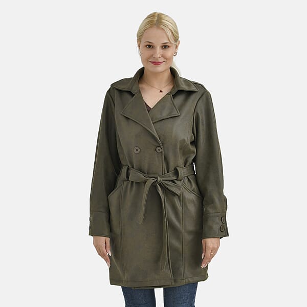 Shop Lc Tamsy Olive Double-Breasted Faux Suede Trench Coat With Belt - M