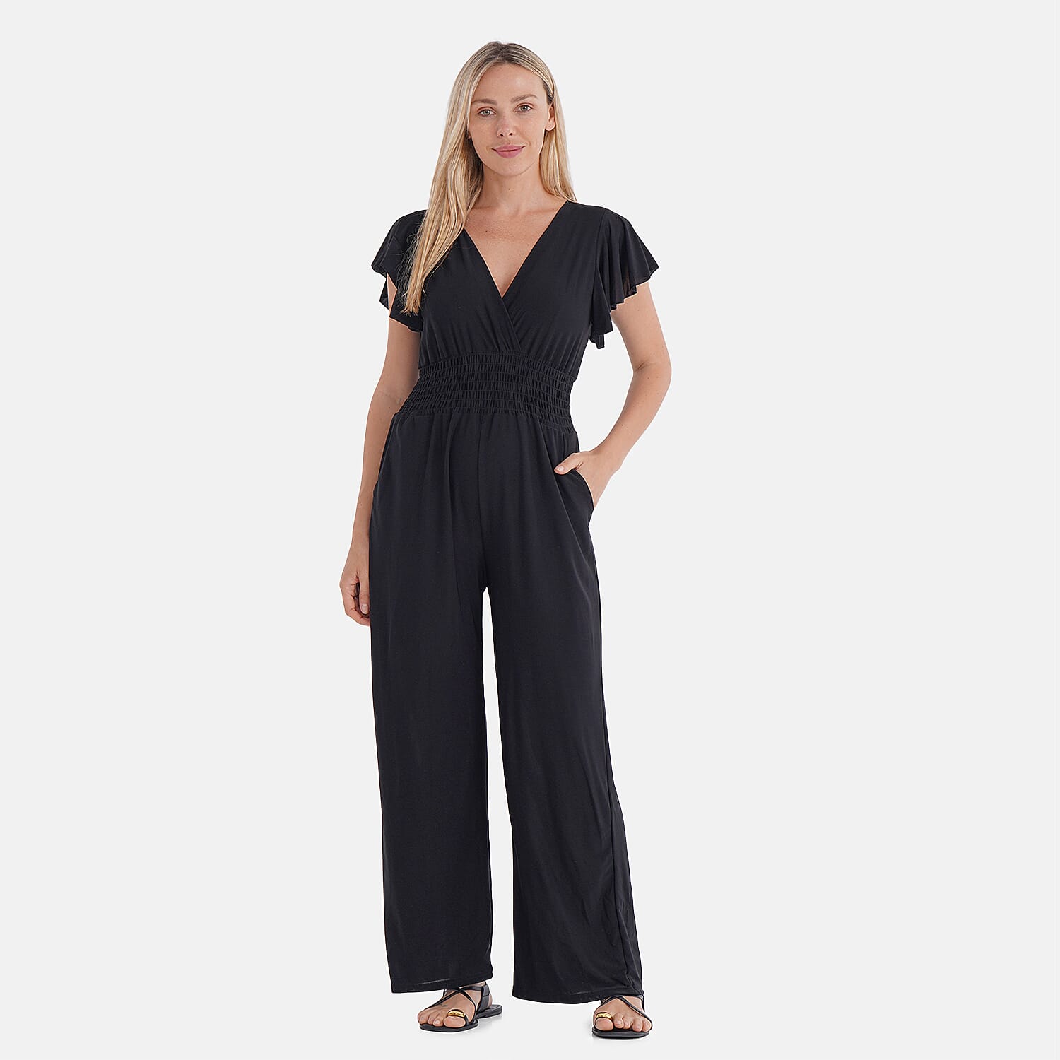 shop lc TAMSY Onyx Smocked Jumpsuit with Flutter Sleeve - One size Fits Most