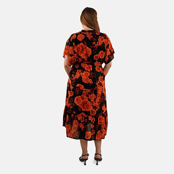 Shop Lc Tamsy Orange Floral Front Placket Shirt Dress With Fabric Waist Tie - One Size Fits Most