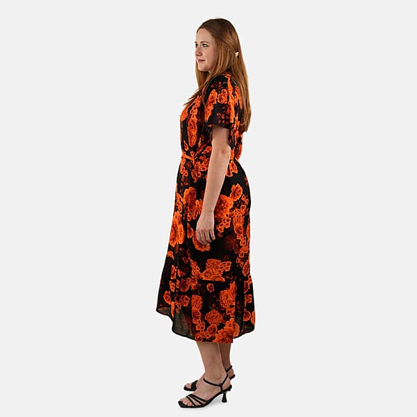 Shop Lc Tamsy Orange Floral Front Placket Shirt Dress With Fabric Waist Tie - One Size Fits Most