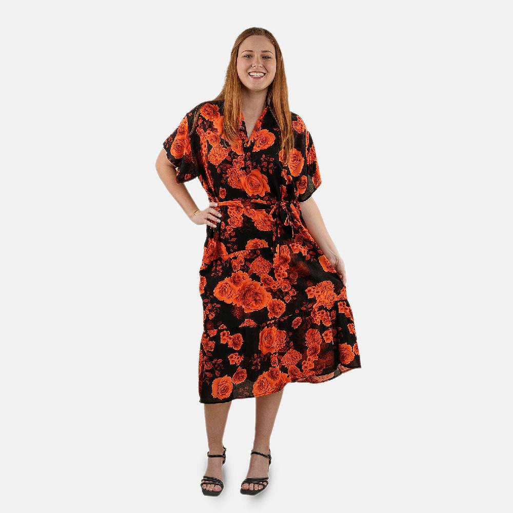 shop lc Tamsy Orange Floral Front Placket Shirt Dress with Fabric Waist Tie - One Size Fits Most