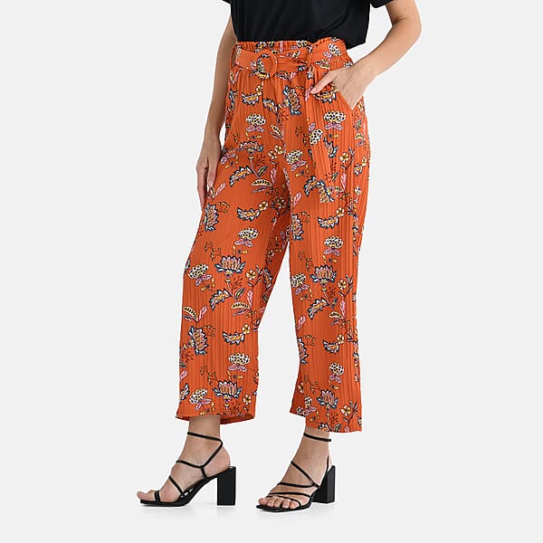 Shop Lc TAMSY Orange Floral High Waist Wide Leg Belted Pant With Pockets - One Size Fits Most