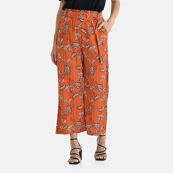 Shop Lc TAMSY Orange Floral High Waist Wide Leg Belted Pant With Pockets - One Size Fits Most