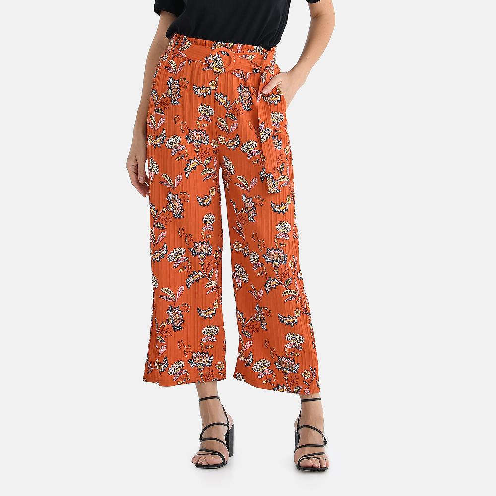 shop lc TAMSY Orange Floral High Waist Wide Leg Belted Pant with Pockets - One Size Fits Most