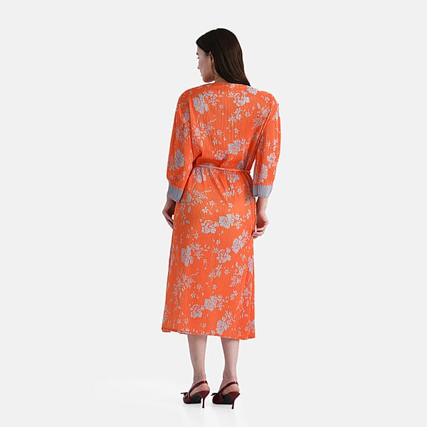 Shop Lc TAMSY Orange Pleated 3/4 Sleeve Midi Dress With Waist Tie Belt - One Size Fits Most