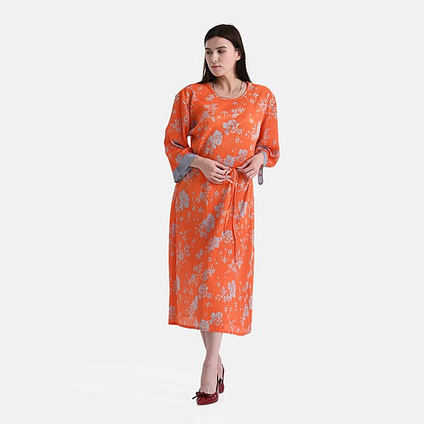 Shop Lc TAMSY Orange Pleated 3/4 Sleeve Midi Dress With Waist Tie Belt - One Size Fits Most