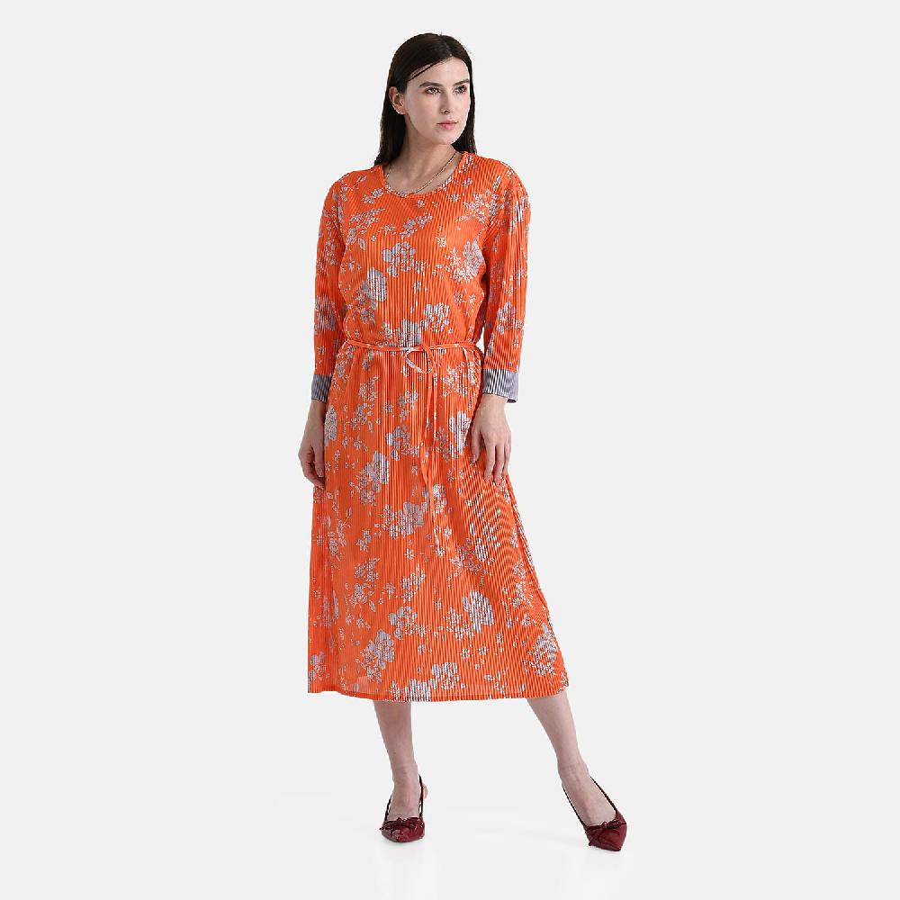 shop lc TAMSY Orange Pleated 3/4 Sleeve Midi Dress with Waist Tie Belt - One Size Fits Most