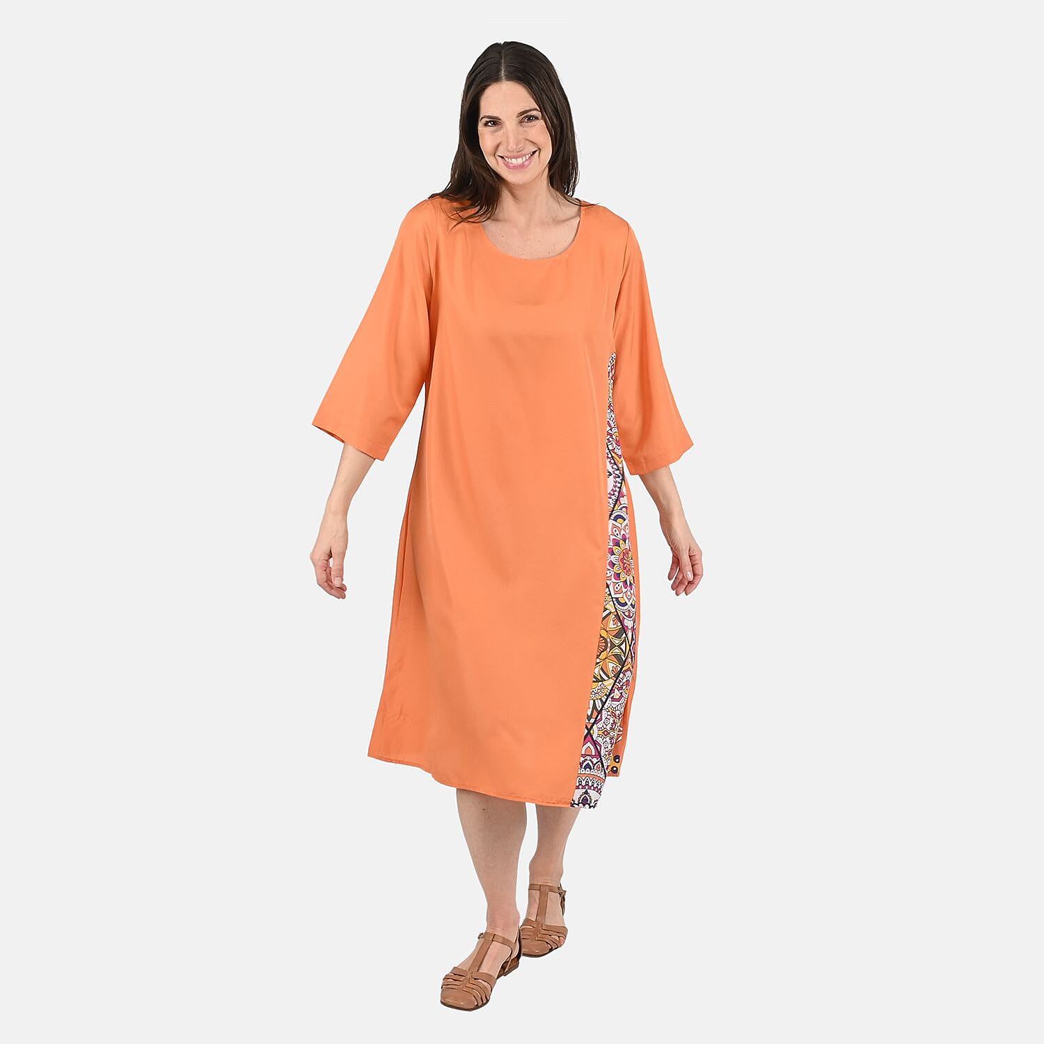 shop lc Tamsy Orange Side Patchwork Midi Dress - One Size Missy