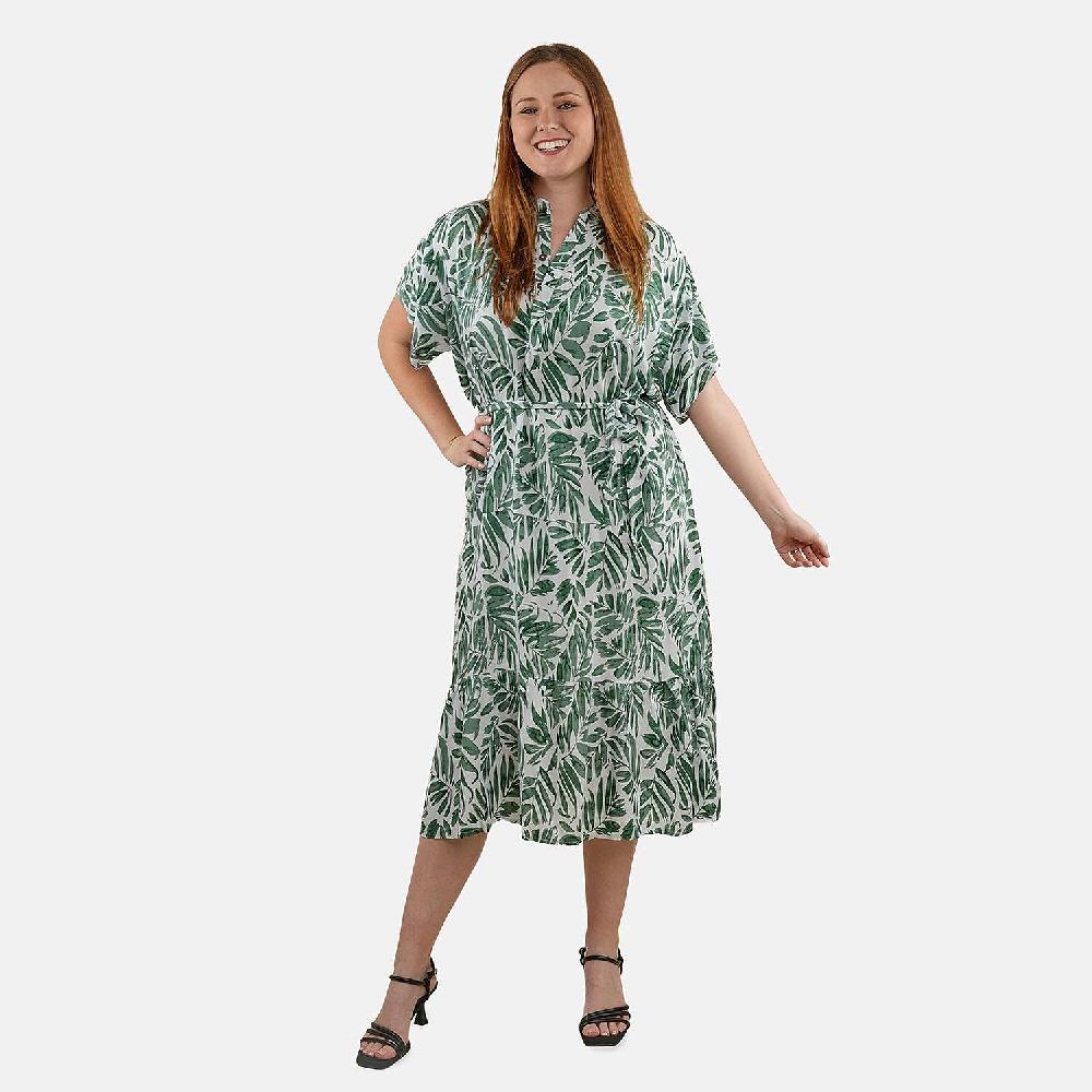 shop lc Tamsy Palm Leaf Front Placket Shirt Dress with Fabric Waist Tie - One Size Fits Most