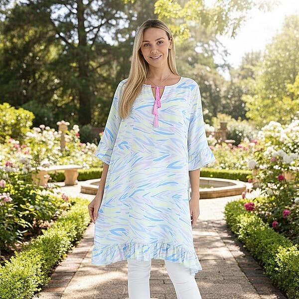 Shop Lc Tamsy Pastel Abstract Ruffle Hem Blouse With Tassel Neck Tie - One Size Fits Most