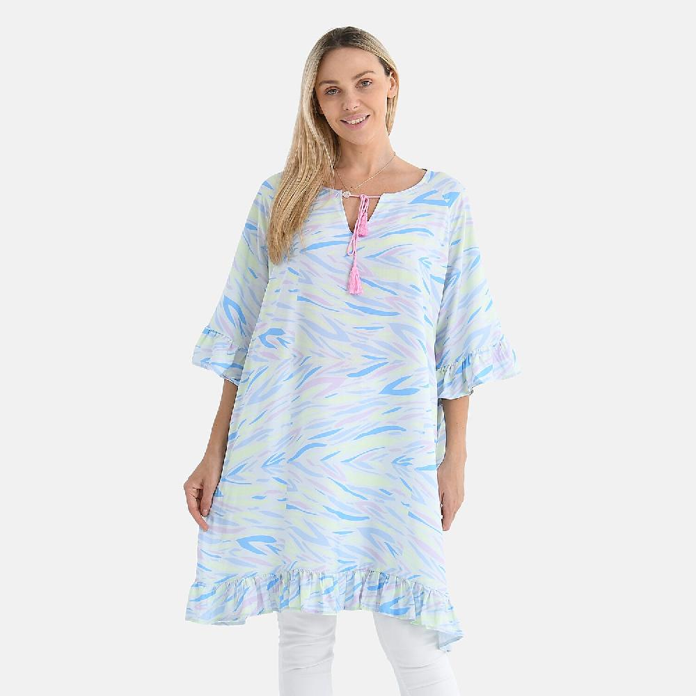 shop lc Tamsy Pastel Abstract Ruffle Hem Blouse with Tassel Neck Tie - One Size Fits Most