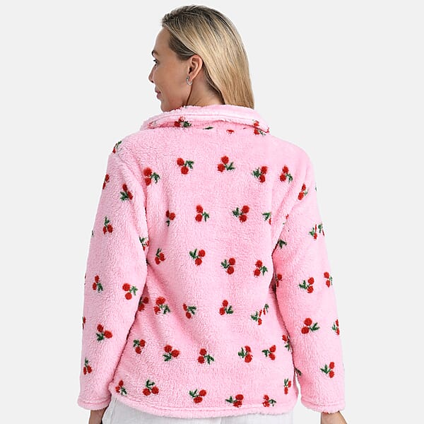 Shop Lc TAMSY Pink Cherries Plush Fleece Collared Button-up Lounge Jacket - Medium