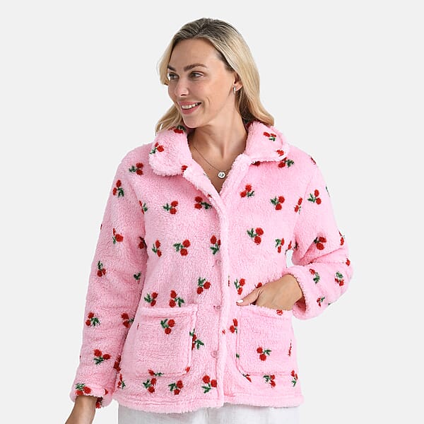 Shop Lc TAMSY Pink Cherries Plush Fleece Collared Button-up Lounge Jacket - Medium