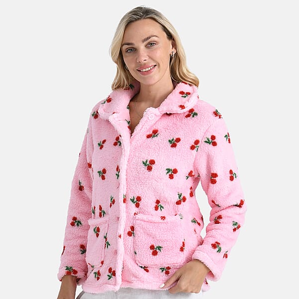 Shop Lc TAMSY Pink Cherries Plush Fleece Collared Button-up Lounge Jacket - Medium