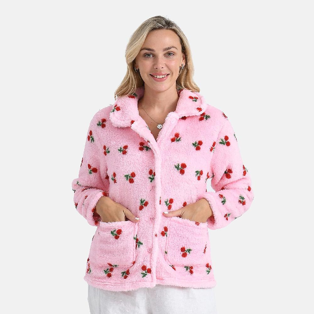 shop lc TAMSY Pink Cherries Plush Fleece Collared Button-up Lounge Jacket - Medium