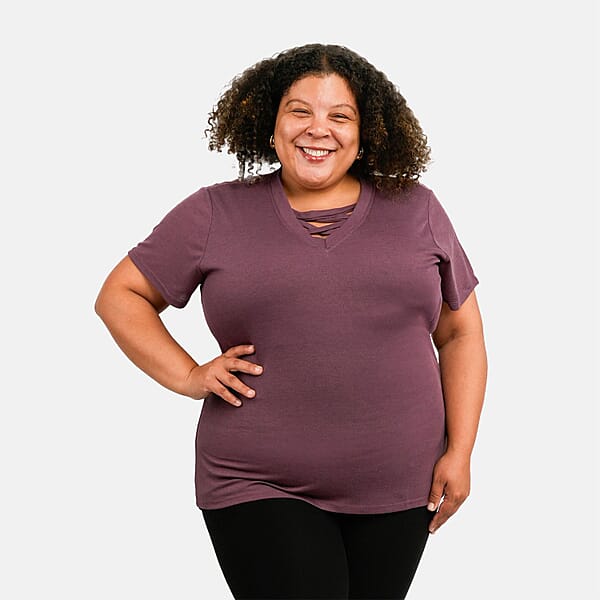 Shop Lc Tamsy Plum Cross Front Slub Knit T-shirt - One Size Missy