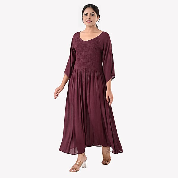 Shop Lc Tamsy Plum Rayon Crepe Smocked Bodice Dress With Bell Sleeve - One Size Fits Most