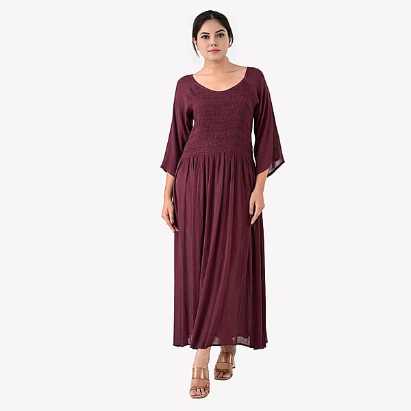 Shop Lc Tamsy Plum Rayon Crepe Smocked Bodice Dress With Bell Sleeve - One Size Fits Most