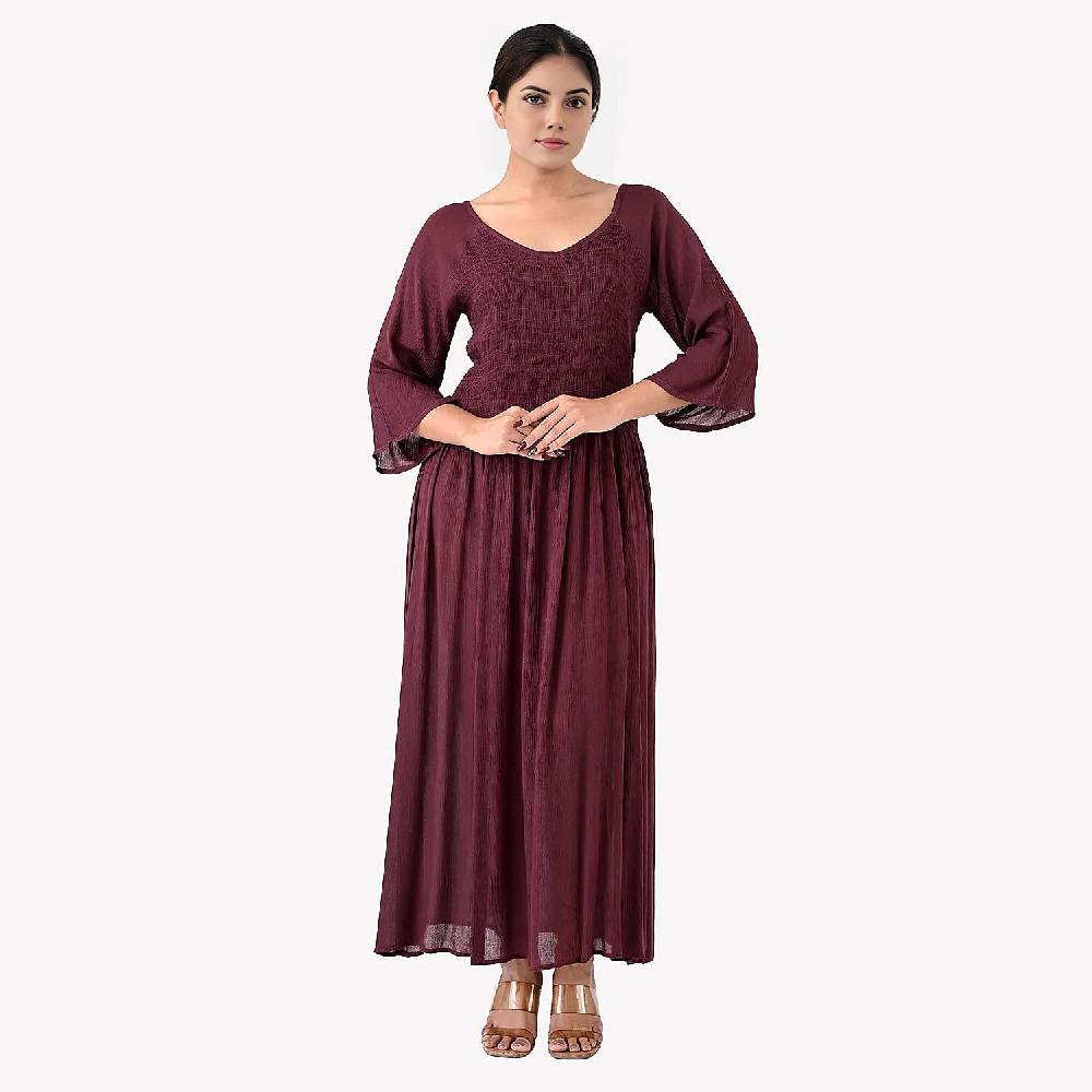 shop lc Tamsy Plum Rayon Crepe Smocked Bodice Dress with Bell Sleeve - One Size Fits Most