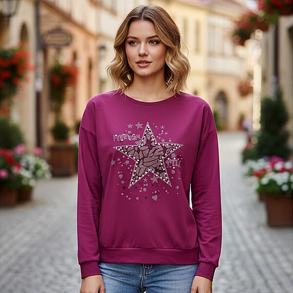 Shop Lc Tamsy Purple Bold Star Crystal Long Sleeve Top - One Size Fits Up To XLarge
