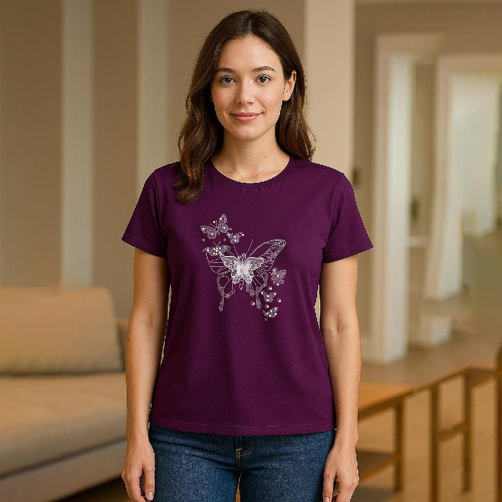 shop lc Tamsy Purple Butterfly Crystal Bejeweled and Lace Short Sleeve Shirt - One Size Fits Up to XLarge